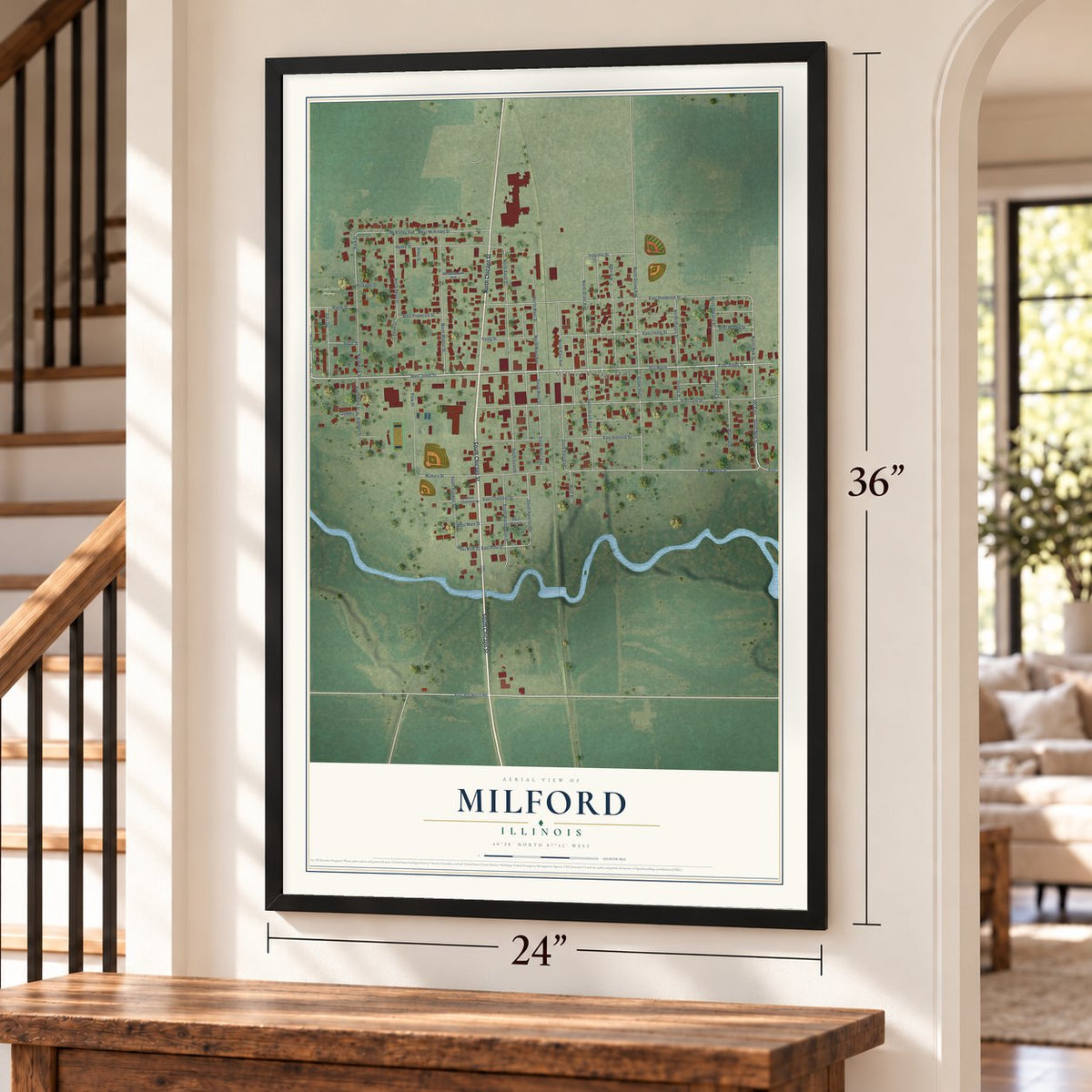 Milford, Illinois map, 24 x 36 inch print in a black frame by a staircase