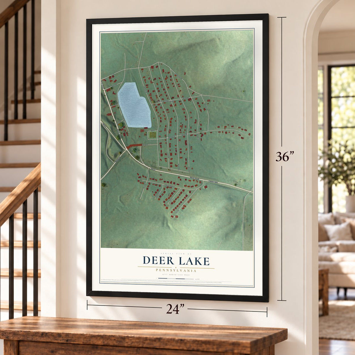 Deer Lake, Pennsylvania map, 24 x 36 inch print in a black frame by a staircase