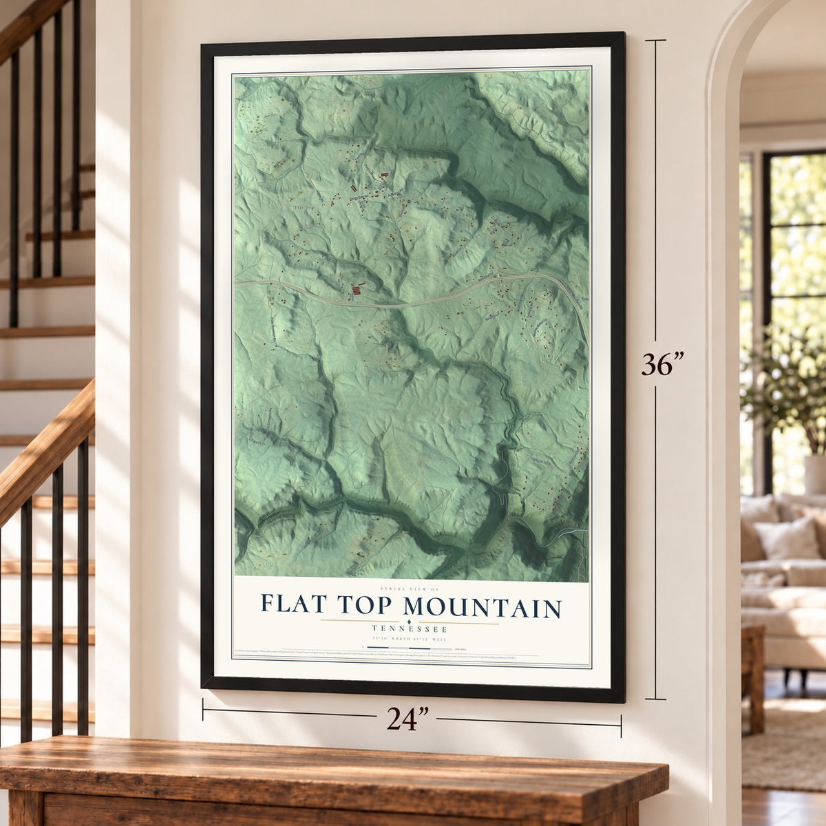 Flat Top Mountain, Tennessee map, 24 x 36 inch print in a black frame by a staircase