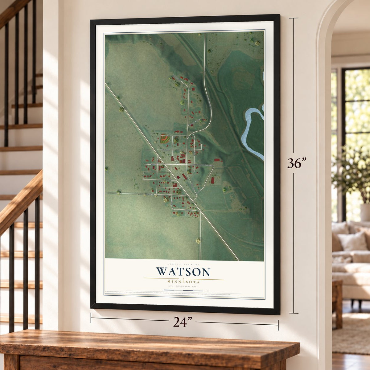 Watson, Minnesota map, 24 x 36 inch print in a black frame by a staircase