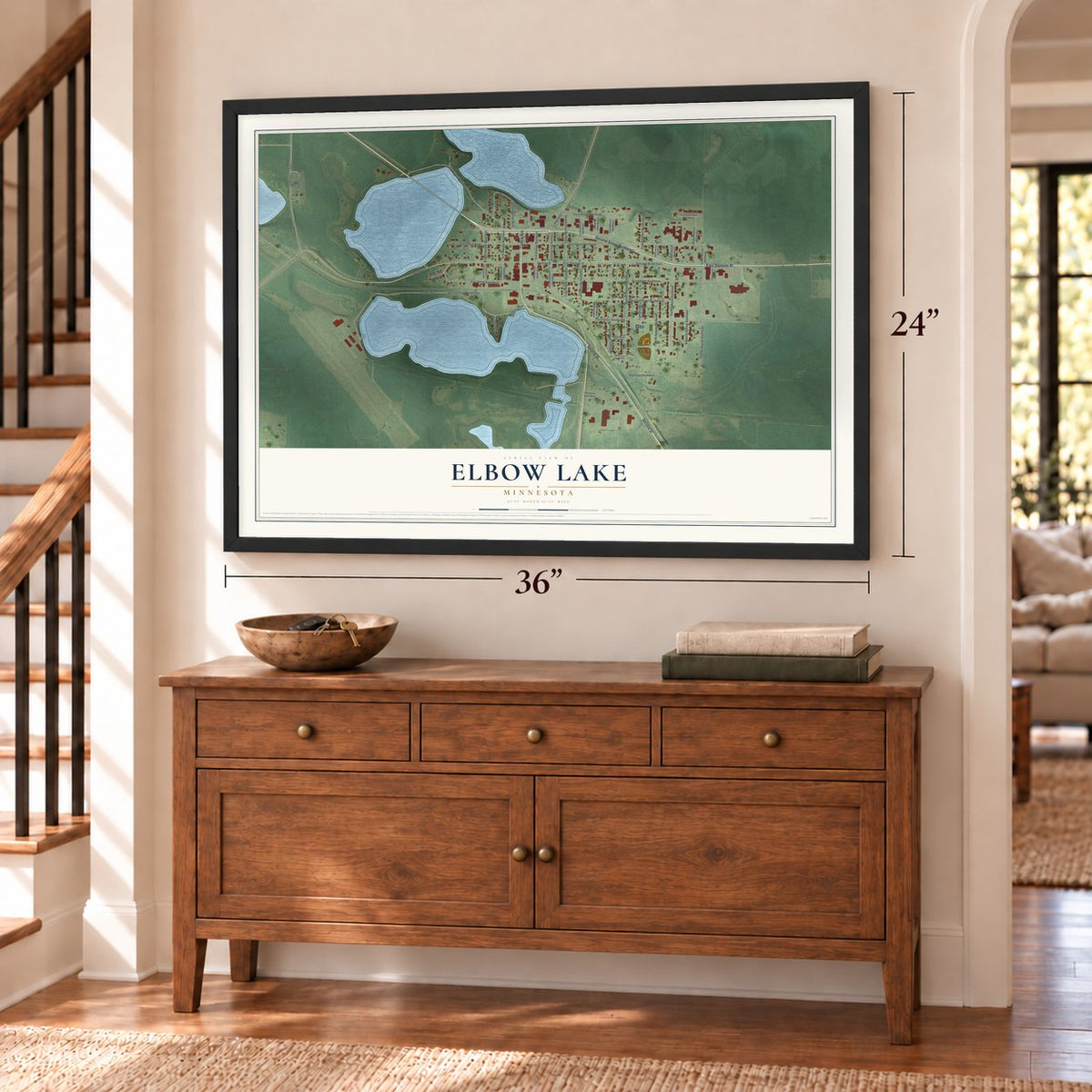 Elbow Lake, Minnesota map, 24 x 36 inch print in a black frame above a dresser by a staircase
