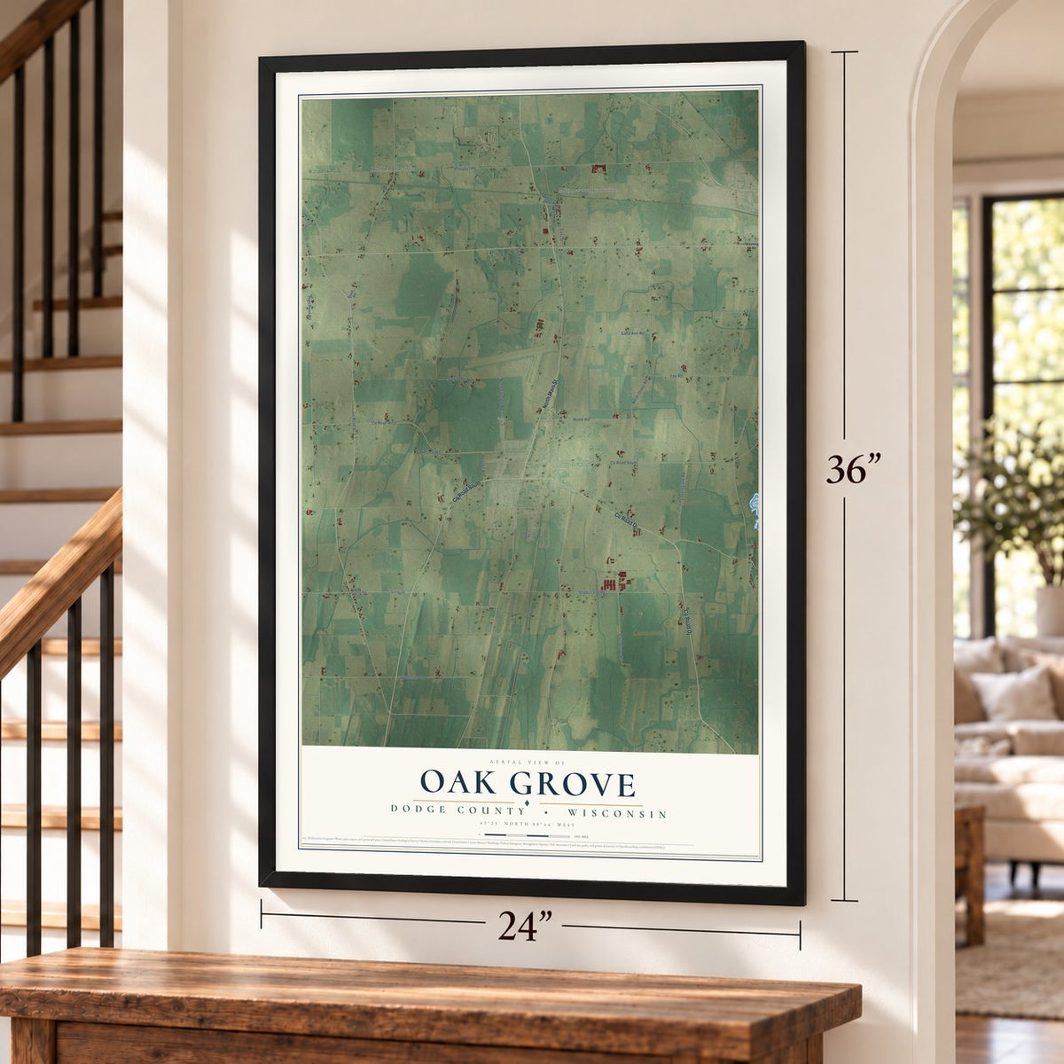 Oak Grove, Dodge County, Wisconsin map, 24 x 36 inch print in a black frame by a staircase