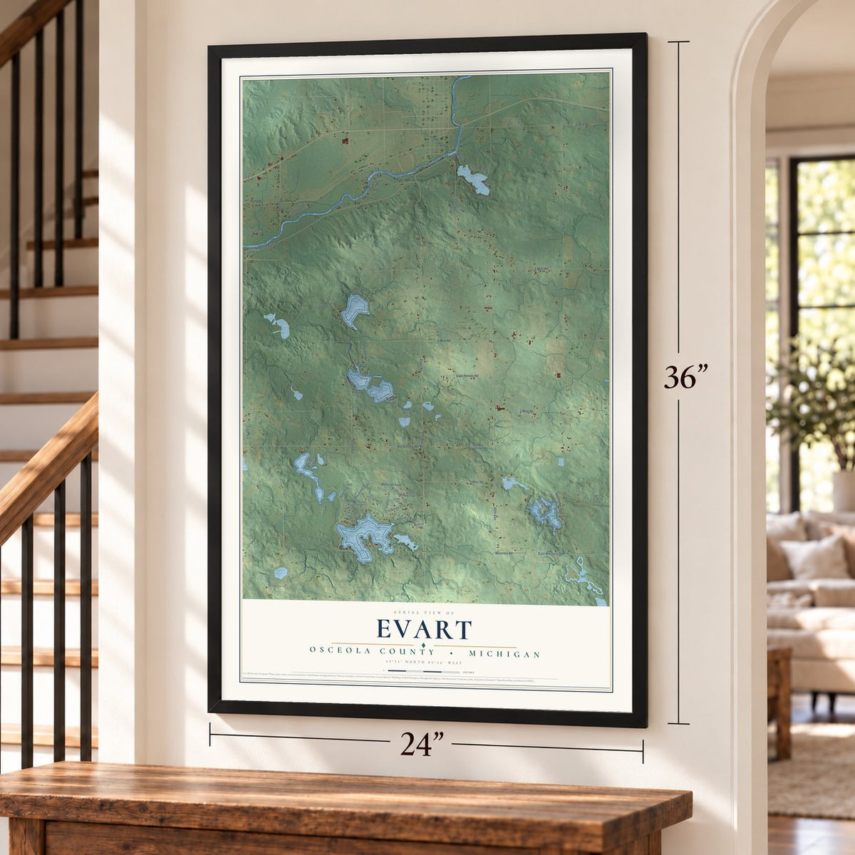 Evart, Osceola County, Michigan map, 24 x 36 inch print in a black frame by a staircase