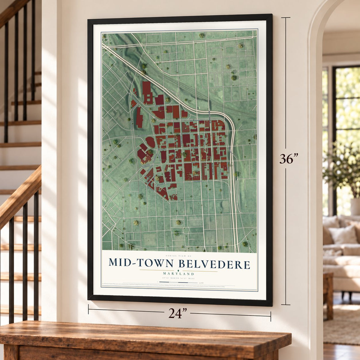 Mid-Town Belvedere, Maryland map, 24 x 36 inch print in a black frame by a staircase