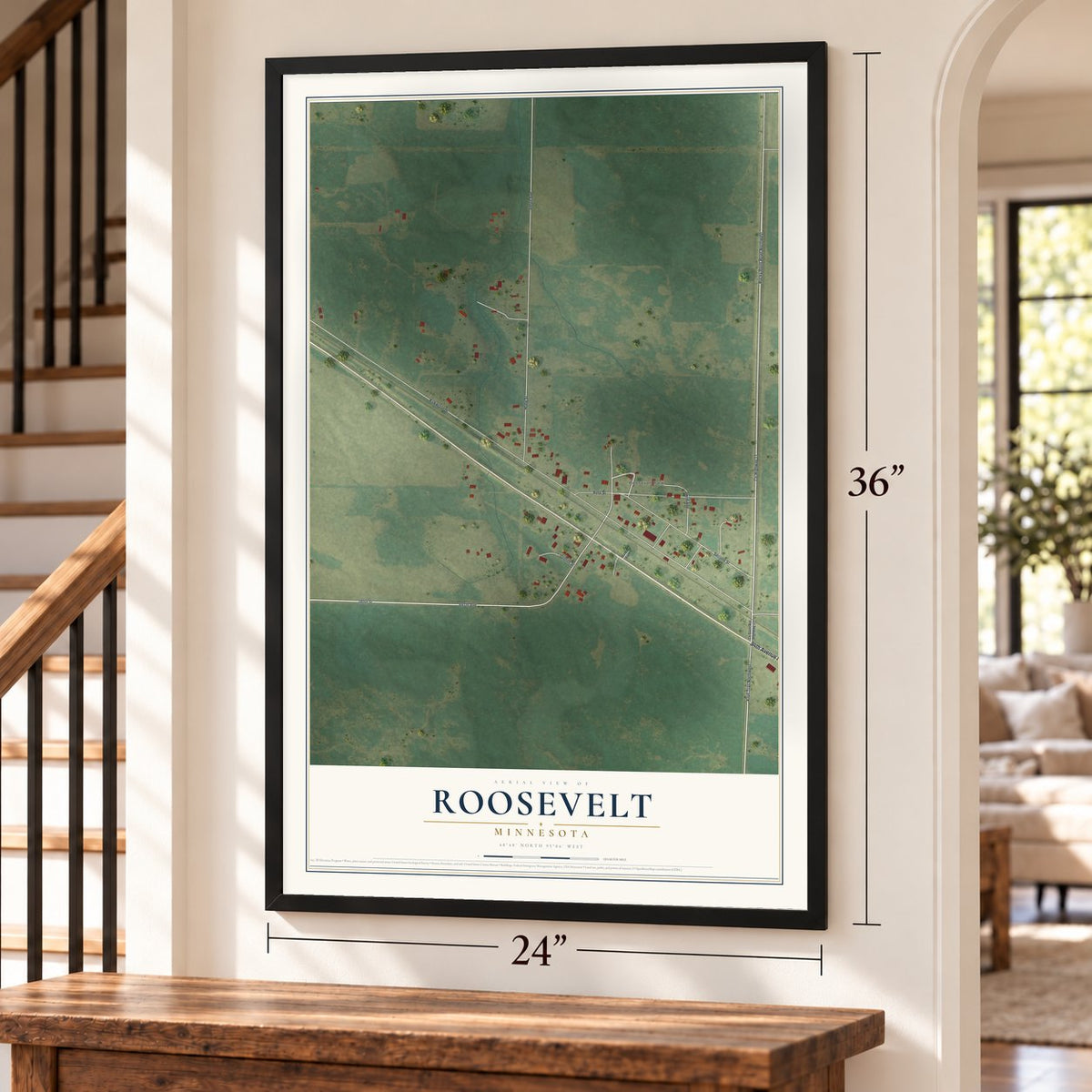 Roosevelt, Minnesota map, 24 x 36 inch print in a black frame by a staircase