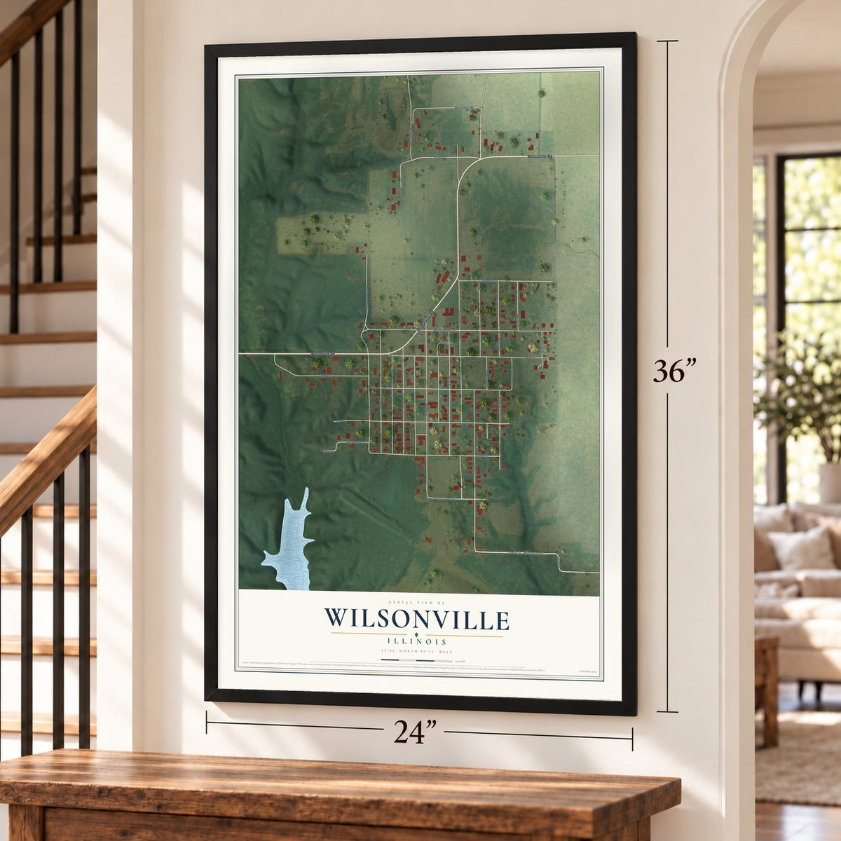 Wilsonville, Illinois map, 24 x 36 inch print in a black frame by a staircase