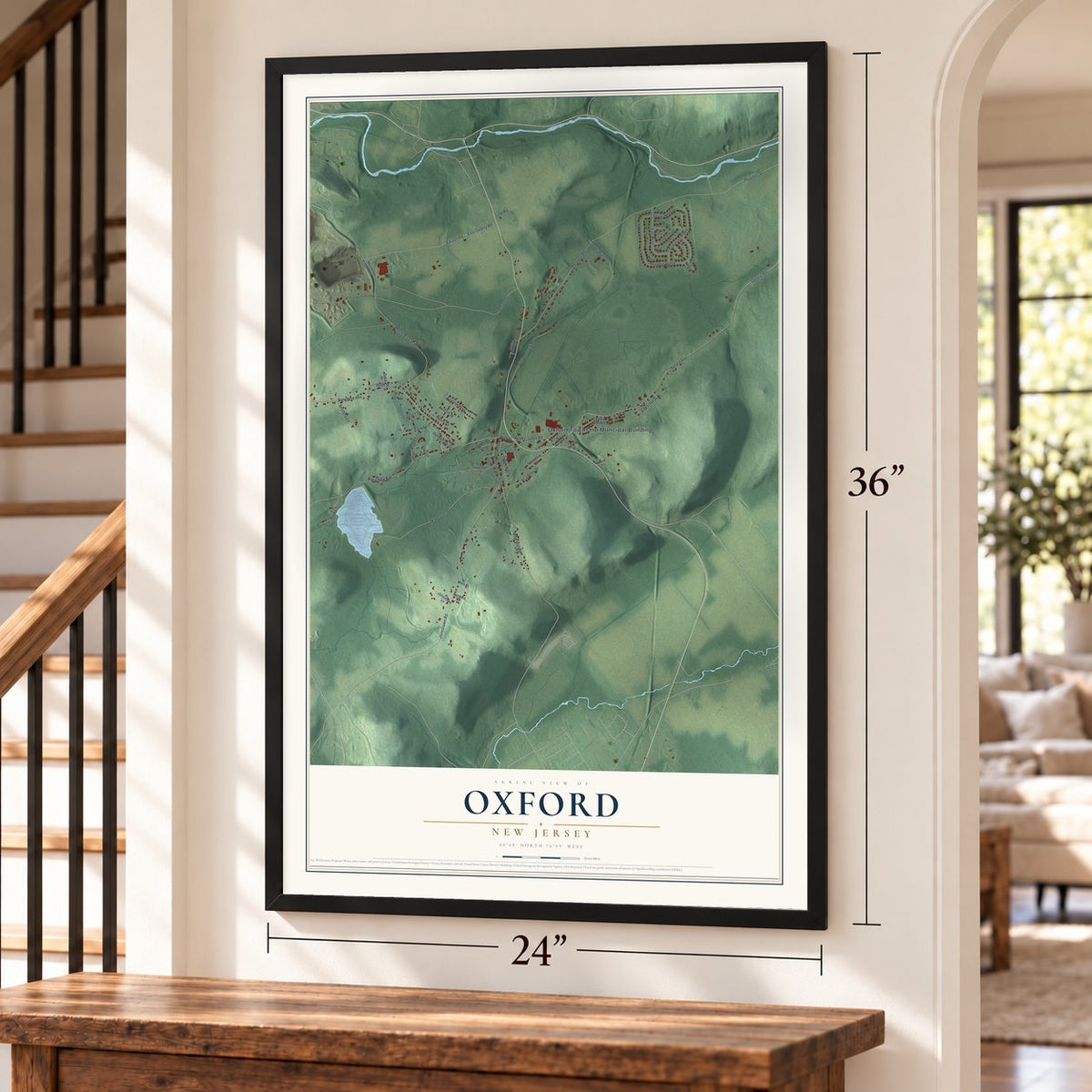 Oxford, New Jersey map, 24 x 36 inch print in a black frame by a staircase