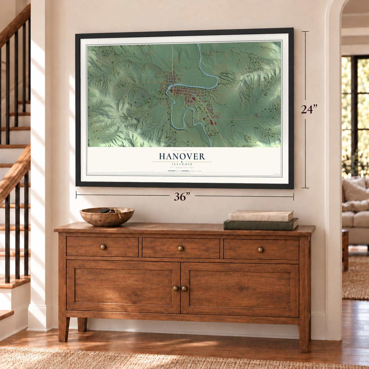 Hanover, Illinois map, 24 x 36 inch print in a black frame above a dresser by a staircase