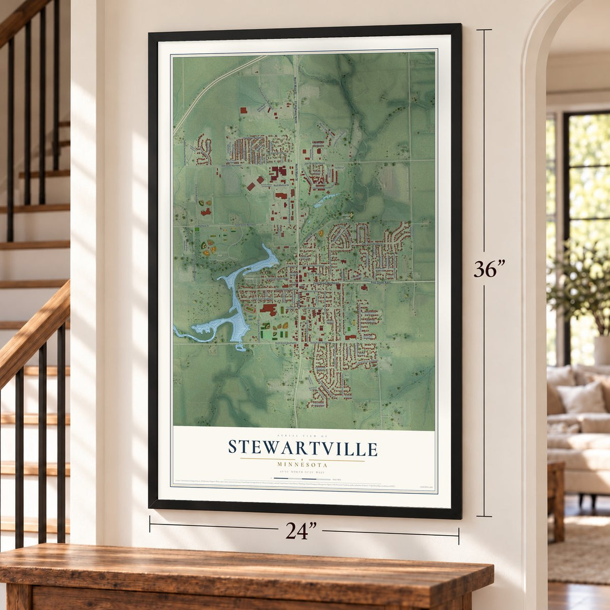 Stewartville, Minnesota map, 24 x 36 inch print in a black frame by a staircase