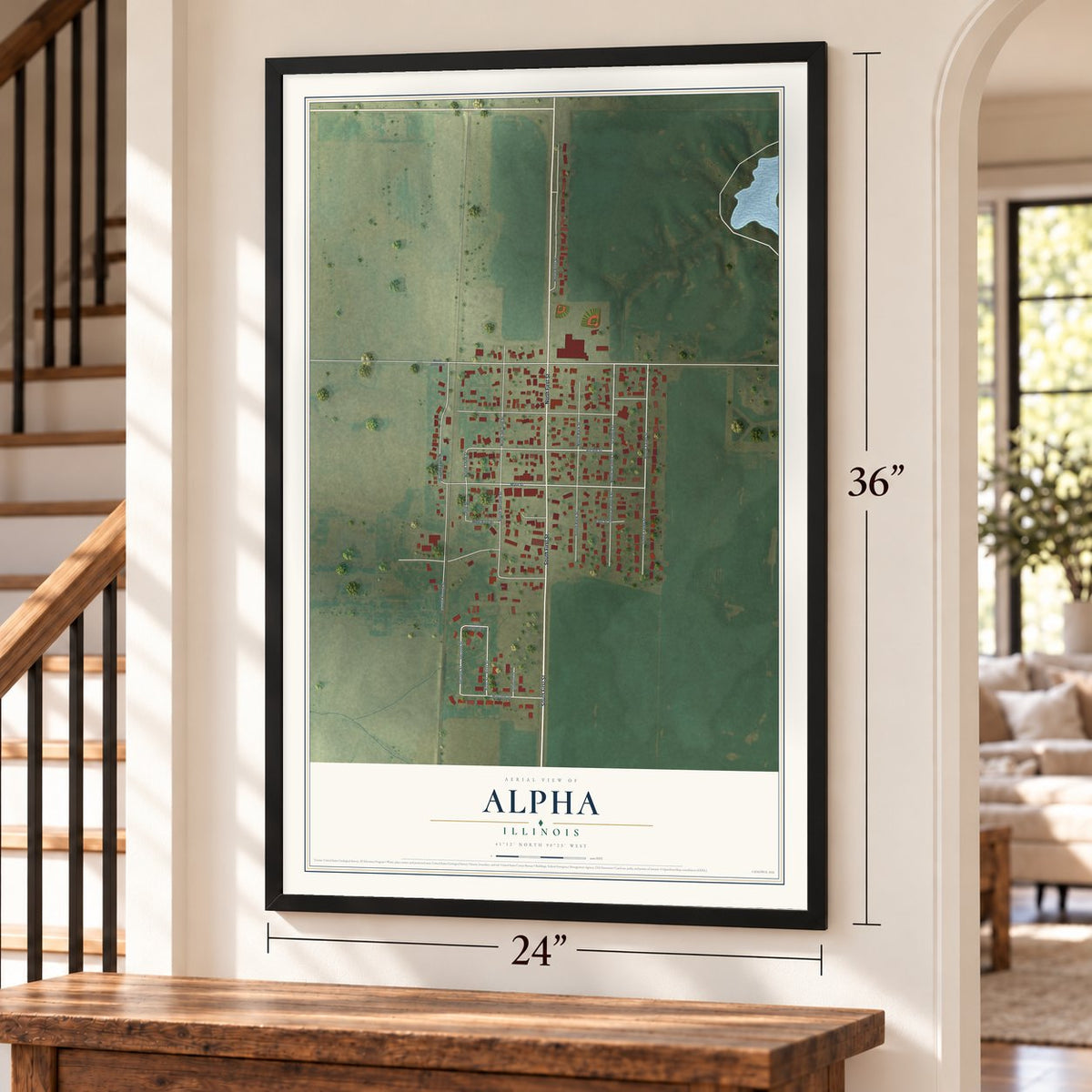Alpha, Illinois map, 24 x 36 inch print in a black frame by a staircase