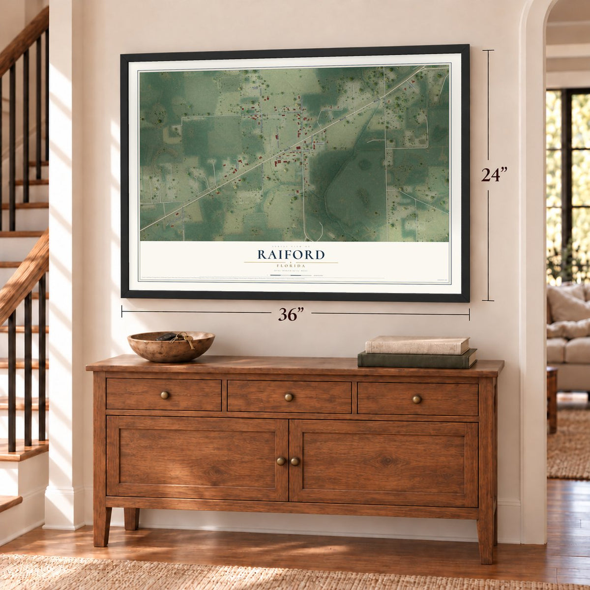 Raiford, Florida map, 24 x 36 inch print in a black frame above a dresser by a staircase
