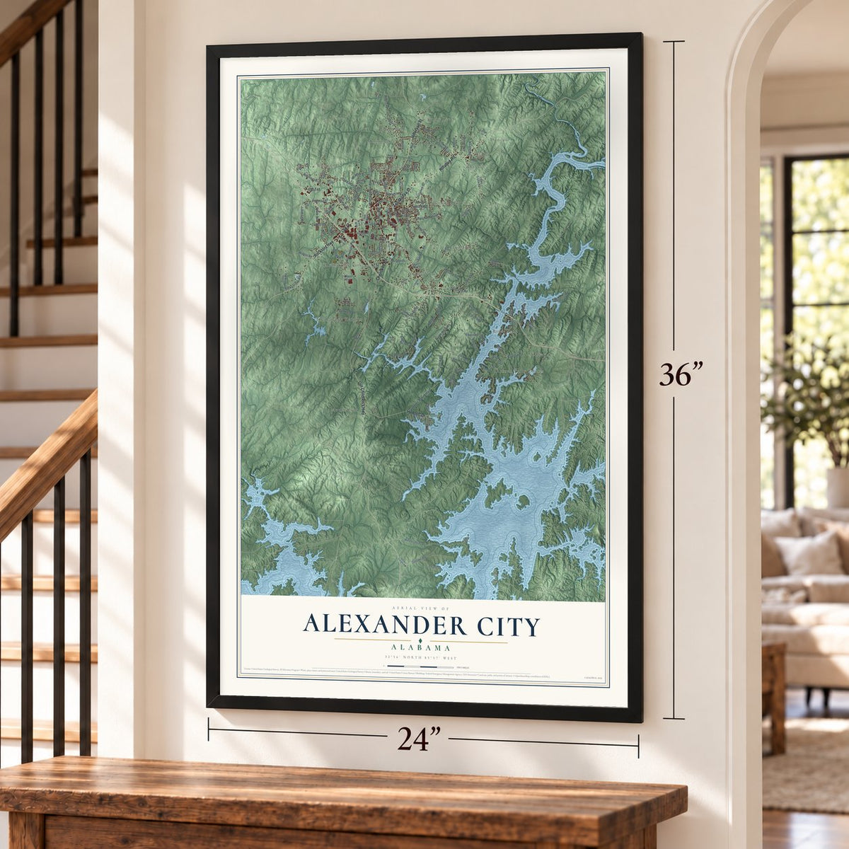 Alexander City, Alabama map, 24 x 36 inch print in a black frame by a staircase