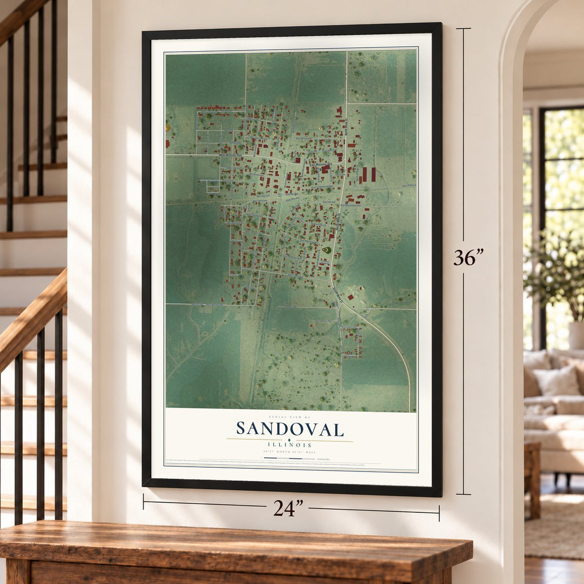 Sandoval, Illinois map, 24 x 36 inch print in a black frame by a staircase