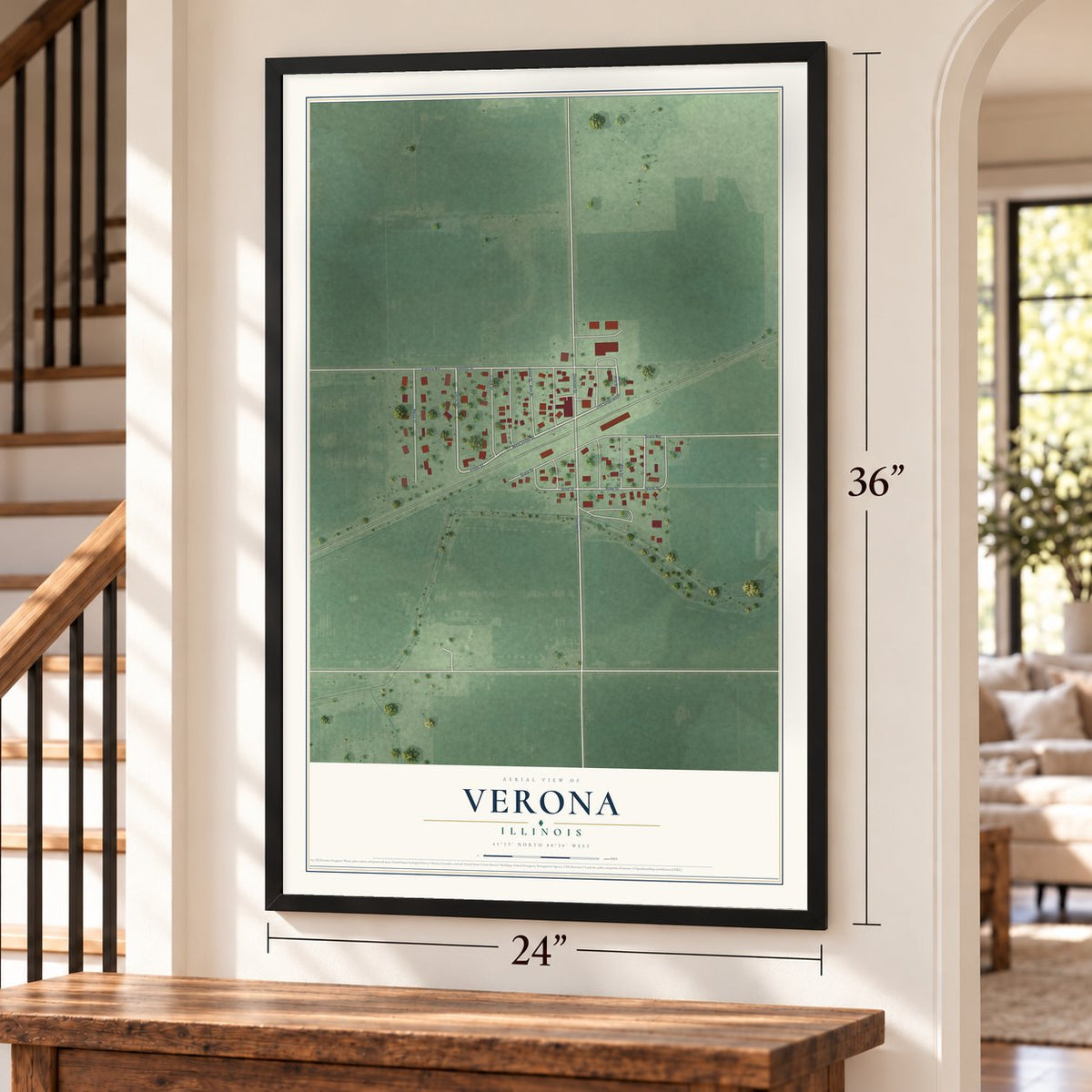 Verona, Illinois map, 24 x 36 inch print in a black frame by a staircase