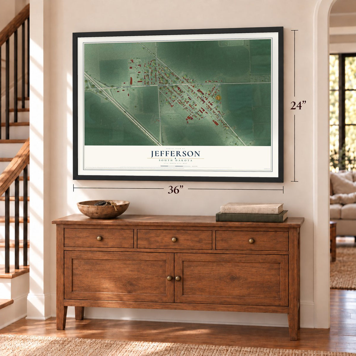 Jefferson, South Dakota map, 24 x 36 inch print in a black frame above a dresser by a staircase