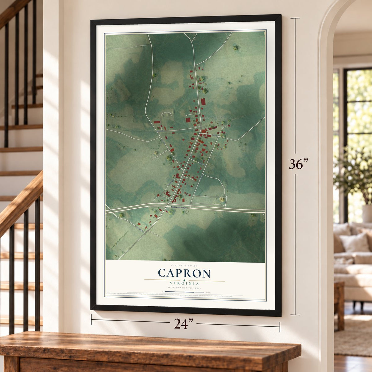 Capron, Virginia map, 24 x 36 inch print in a black frame by a staircase