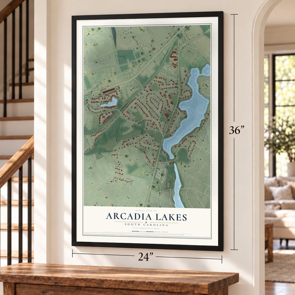 Arcadia Lakes, South Carolina map, 24 x 36 inch print in a black frame by a staircase