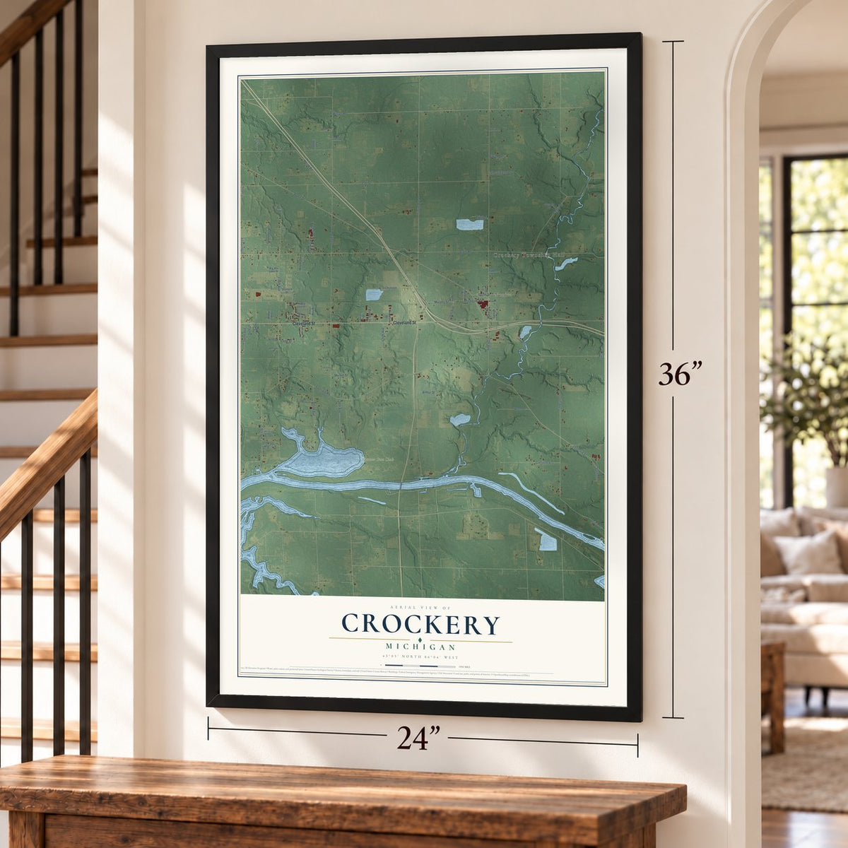 Crockery, Michigan map, 24 x 36 inch print in a black frame by a staircase