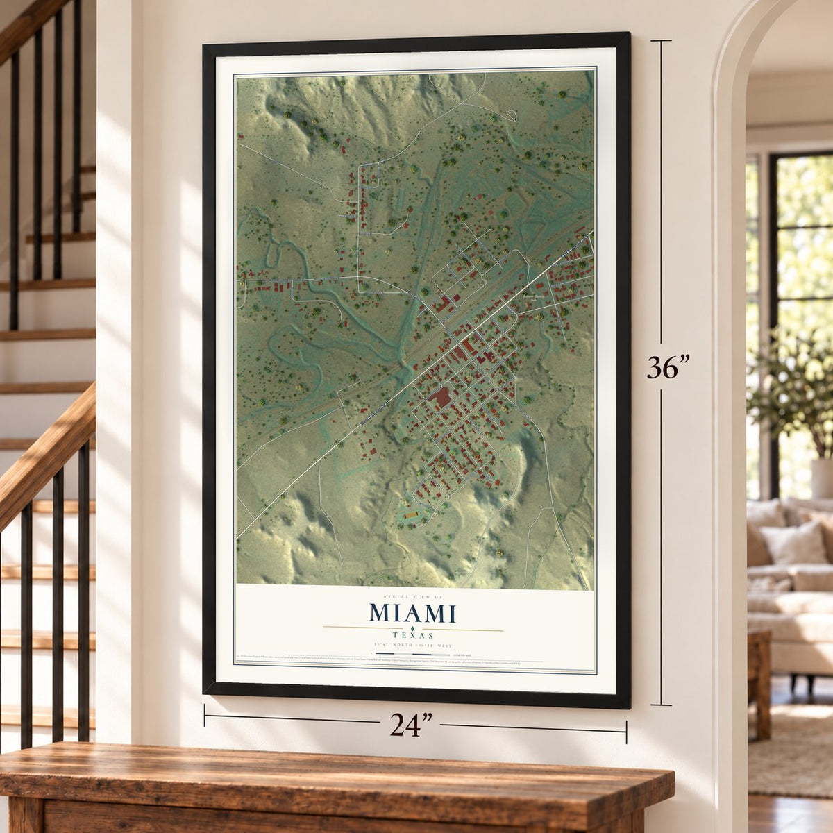 Miami, Texas map, 24 x 36 inch print in a black frame by a staircase