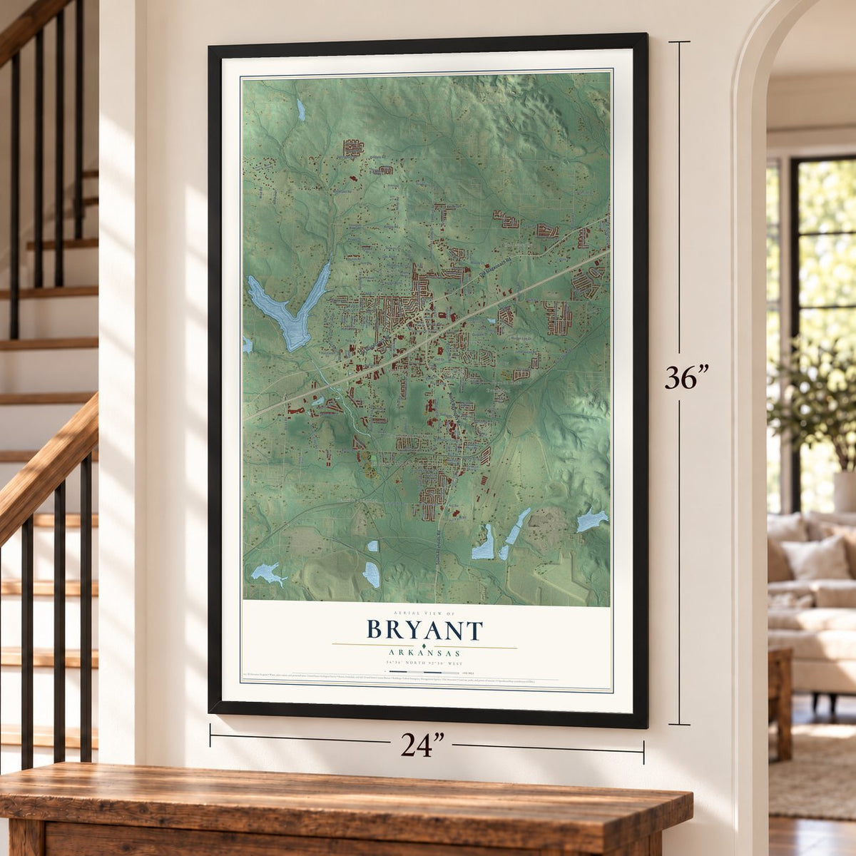 Bryant, Arkansas map, 24 x 36 inch print in a black frame by a staircase