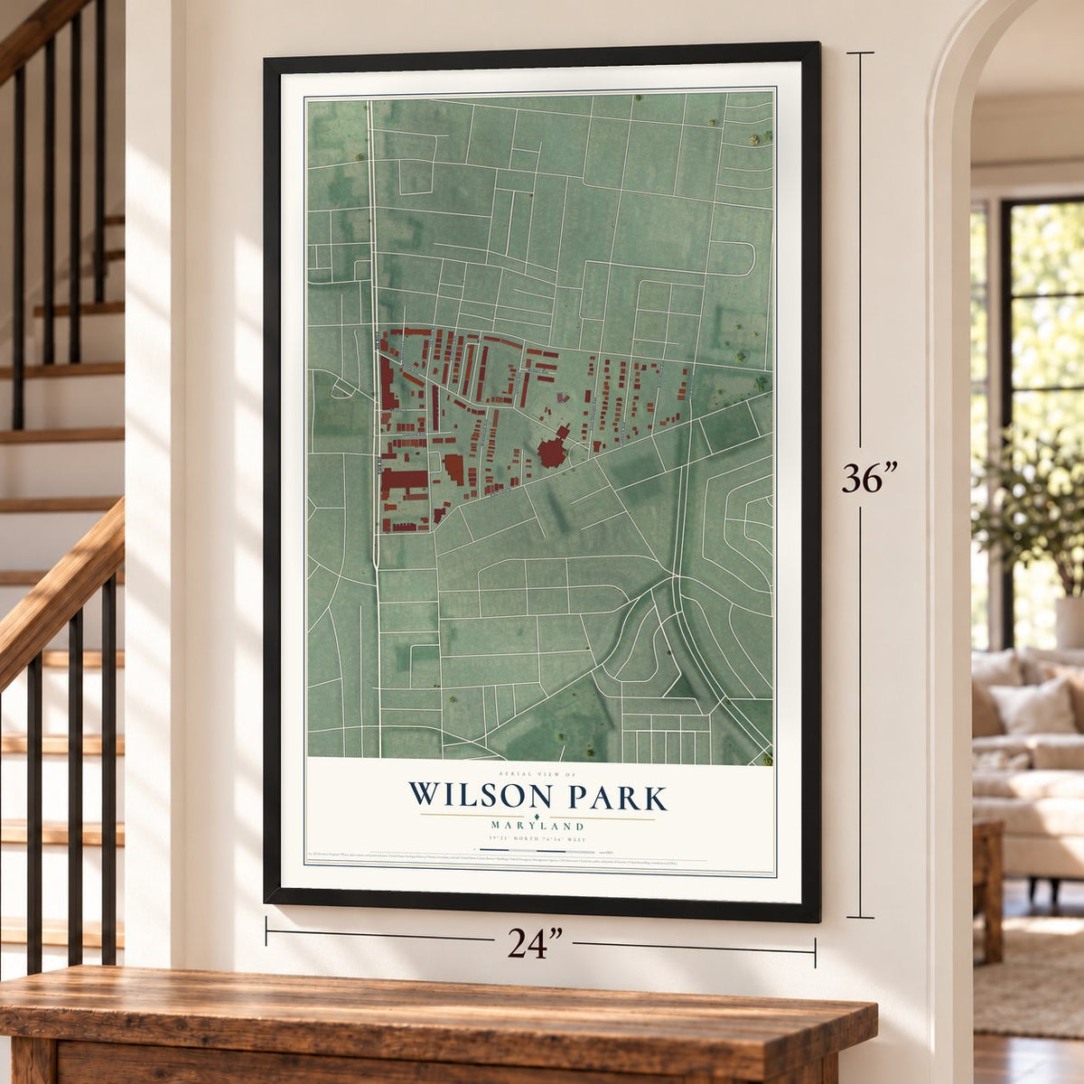 Wilson Park, Maryland map, 24 x 36 inch print in a black frame by a staircase