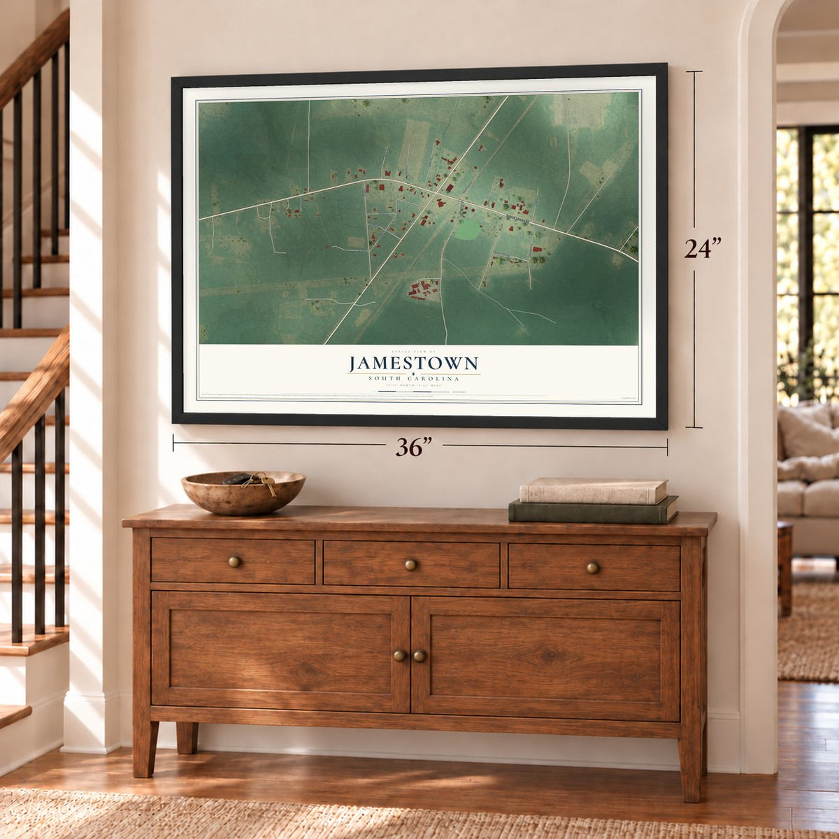 Jamestown, South Carolina map, 24 x 36 inch print in a black frame above a dresser by a staircase