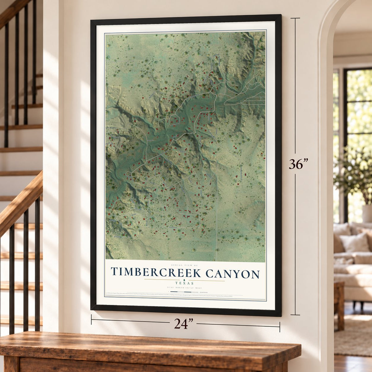 Timbercreek Canyon, Texas map, 24 x 36 inch print in a black frame by a staircase