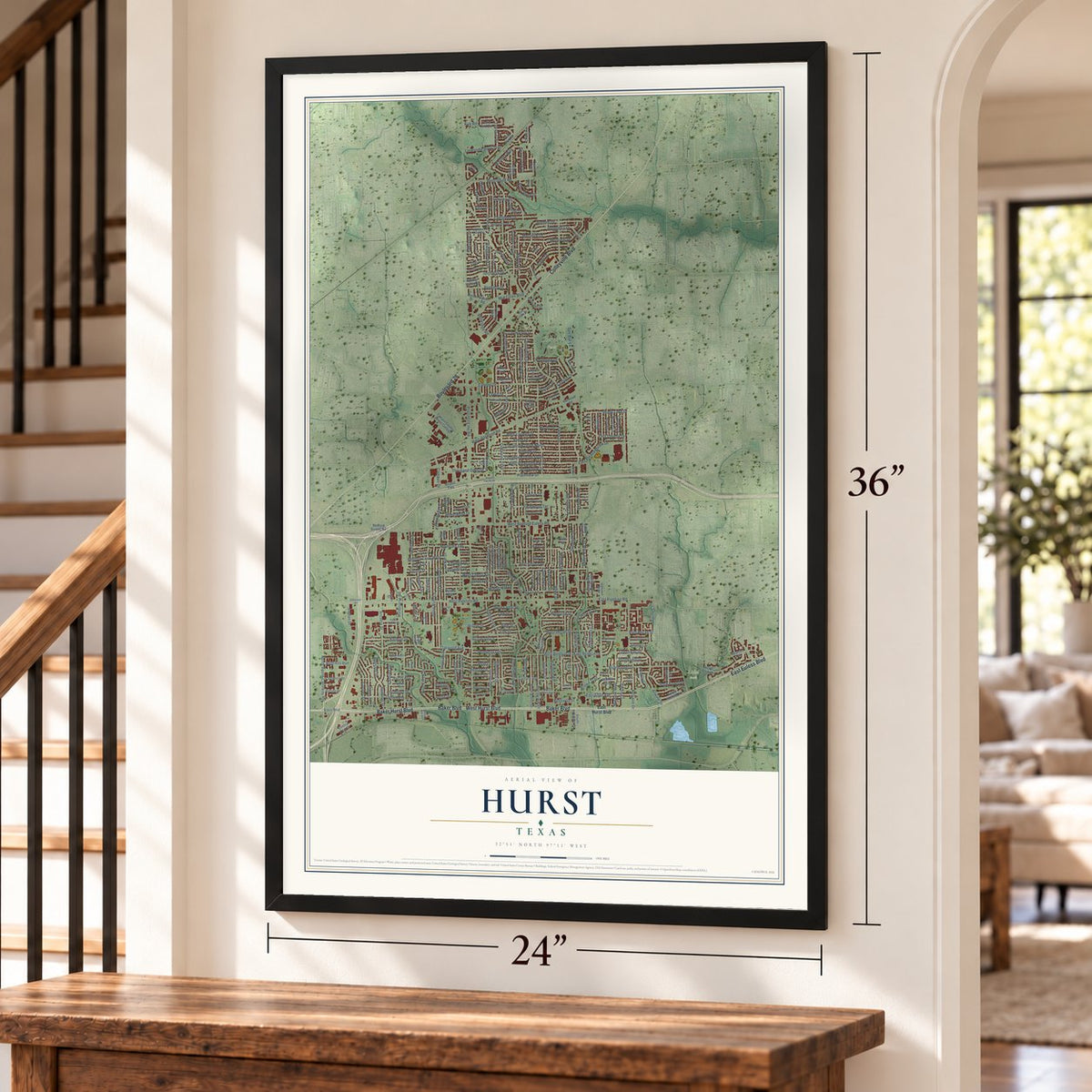 Hurst, Texas map, 24 x 36 inch print in a black frame by a staircase