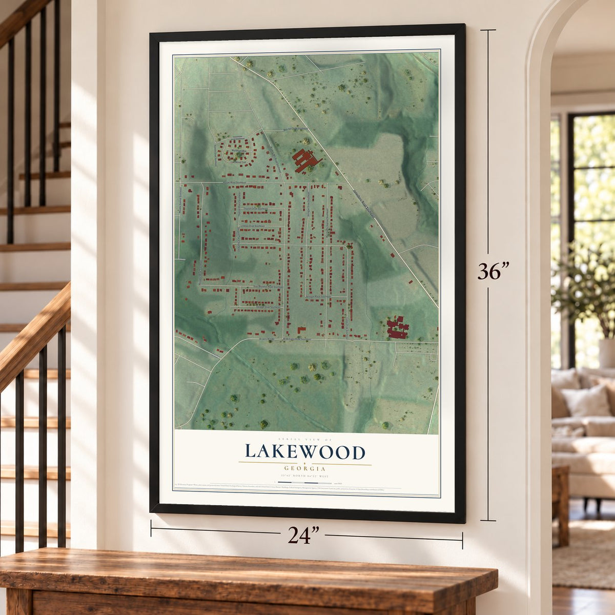 Lakewood, Georgia map, 24 x 36 inch print in a black frame by a staircase