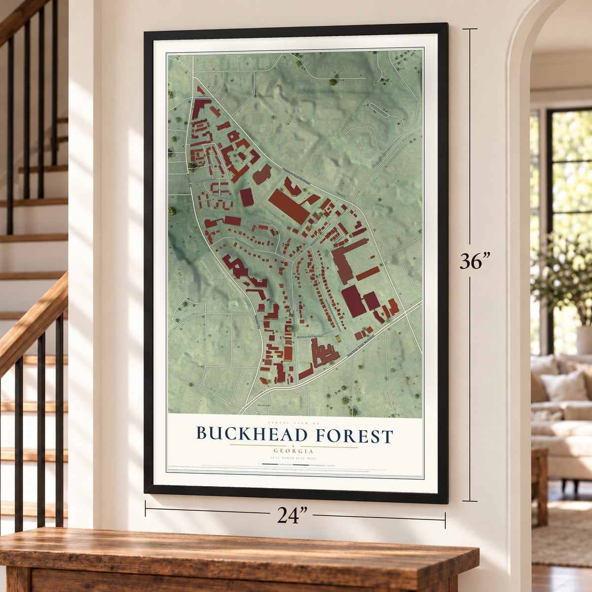 Buckhead Forest, Georgia map, 24 x 36 inch print in a black frame by a staircase