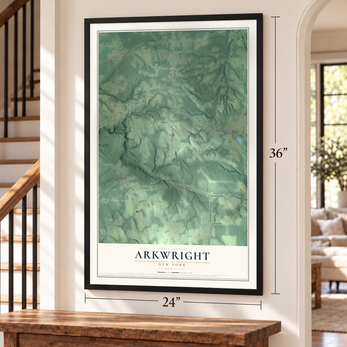 Arkwright, New York map, 24 x 36 inch print in a black frame by a staircase