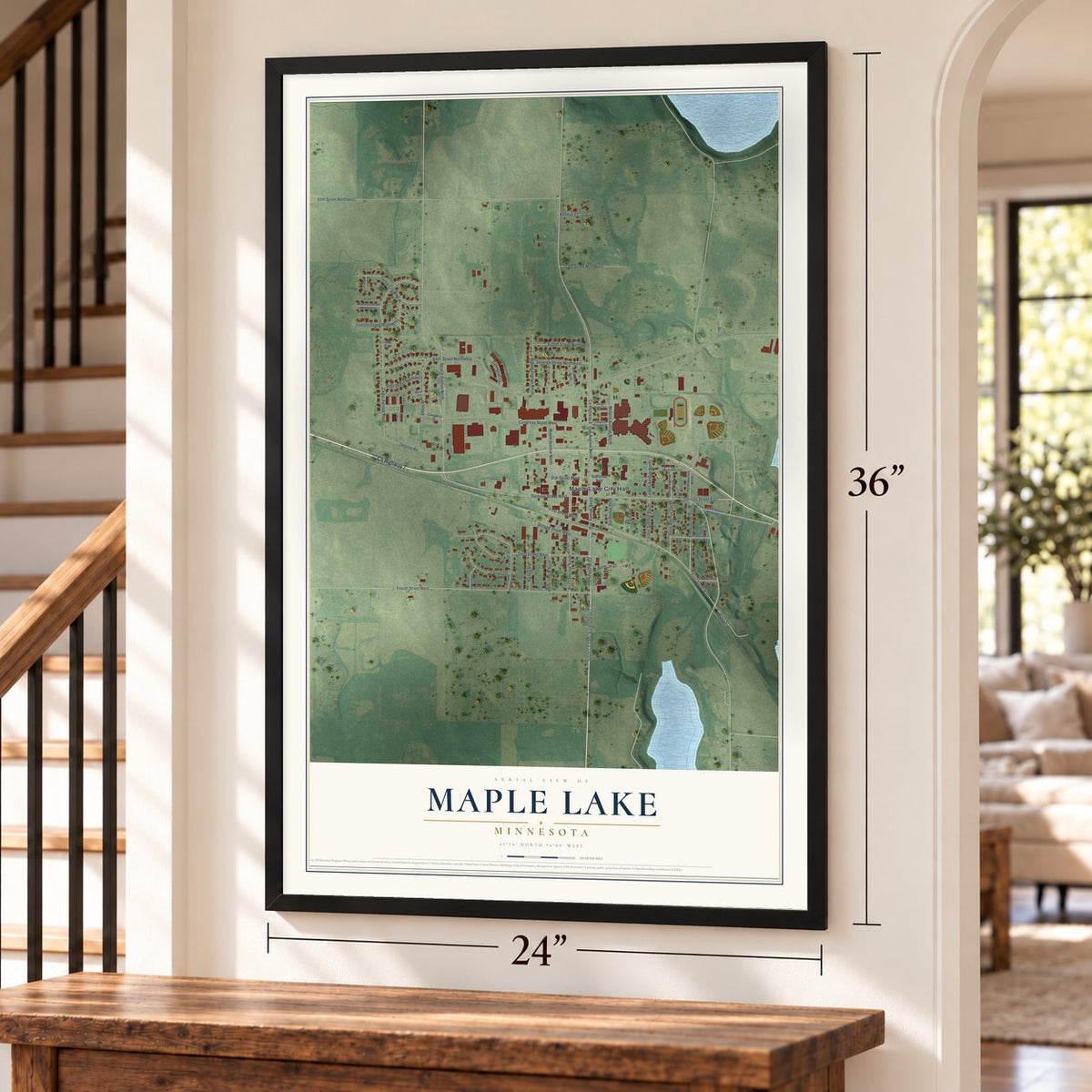 Maple Lake, Minnesota map, 24 x 36 inch print in a black frame by a staircase