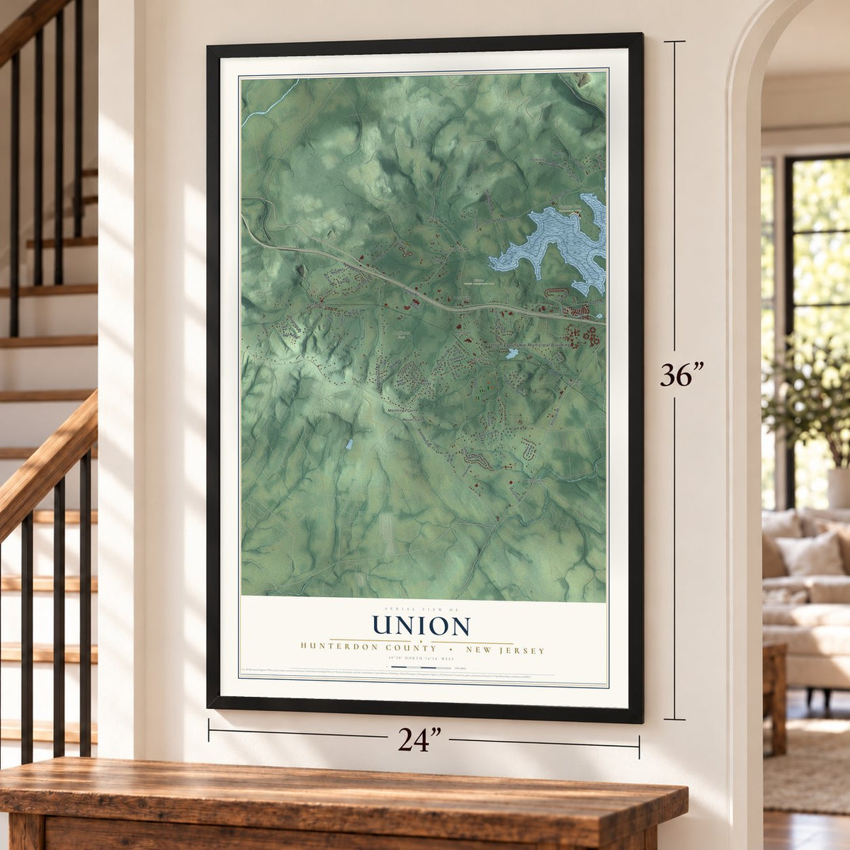 Union, Hunterdon County, New Jersey map, 24 x 36 inch print in a black frame by a staircase