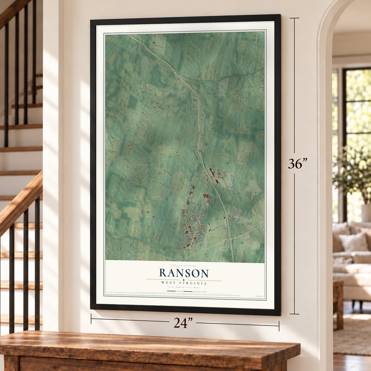 Ranson, West Virginia map, 24 x 36 inch print in a black frame by a staircase