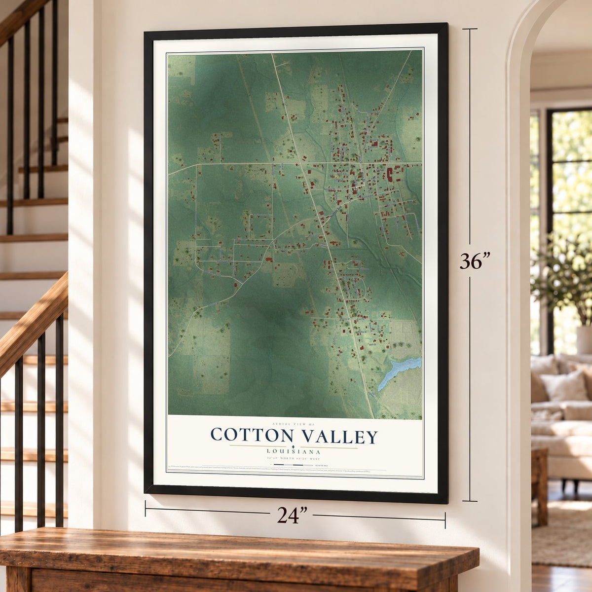 Cotton Valley, Louisiana map, 24 x 36 inch print in a black frame by a staircase