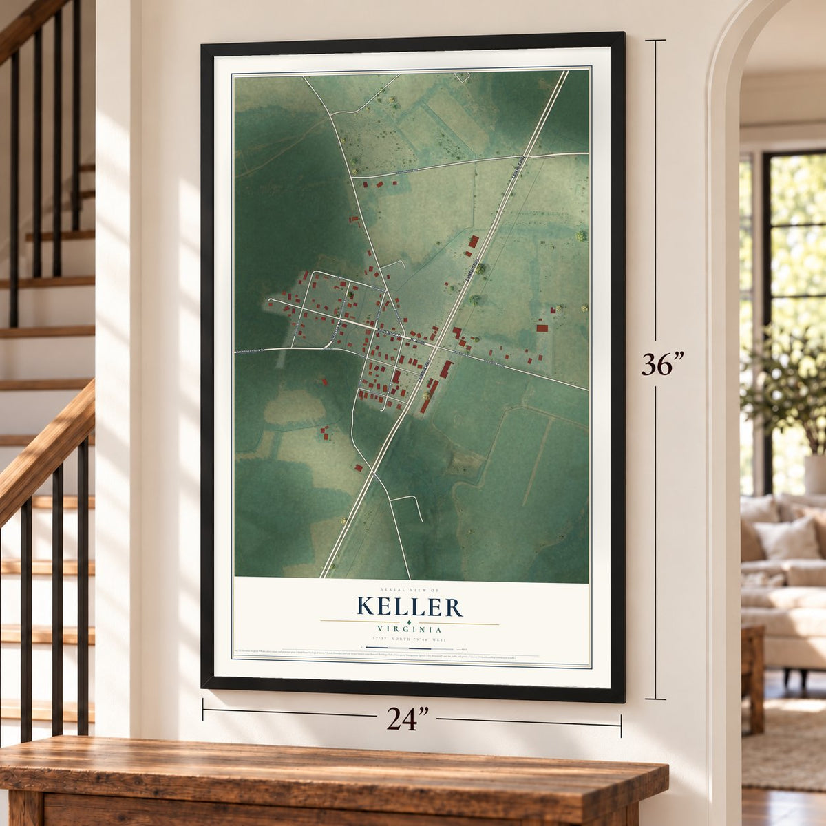 Keller, Virginia map, 24 x 36 inch print in a black frame by a staircase