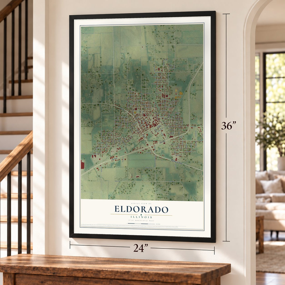 Eldorado, Illinois map, 24 x 36 inch print in a black frame by a staircase