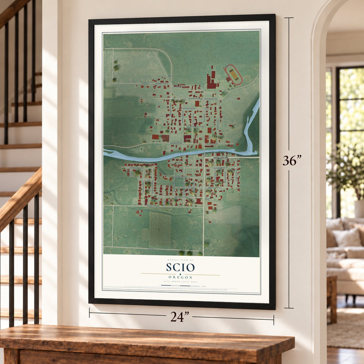 Scio, Oregon map, 24 x 36 inch print in a black frame by a staircase