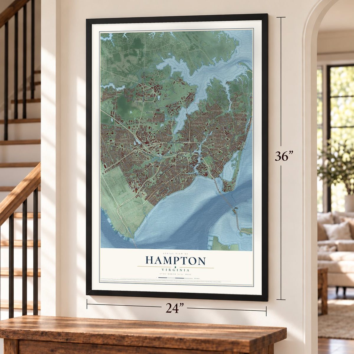Hampton, Virginia map, 24 x 36 inch print in a black frame by a staircase