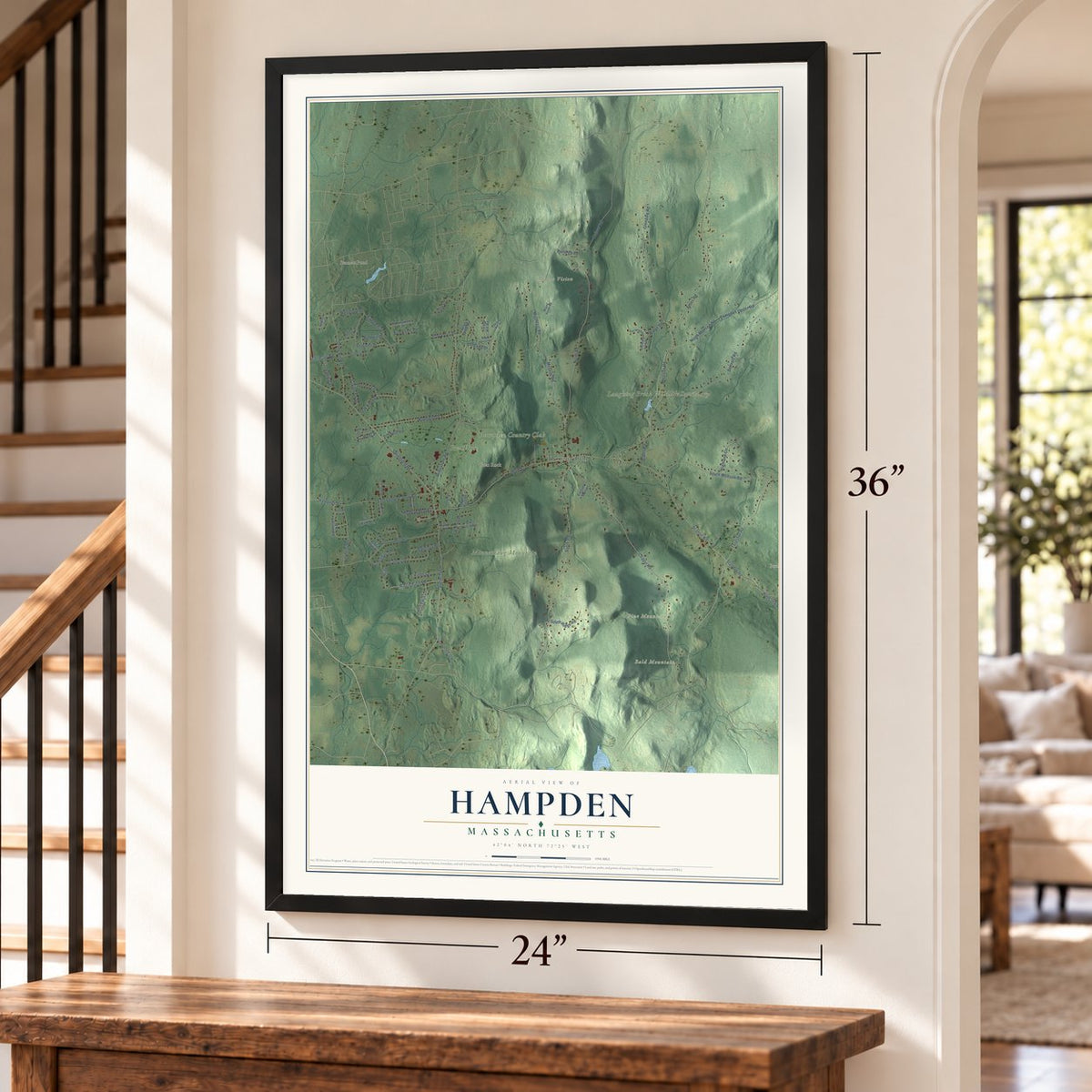 Hampden, Massachusetts map, 24 x 36 inch print in a black frame by a staircase