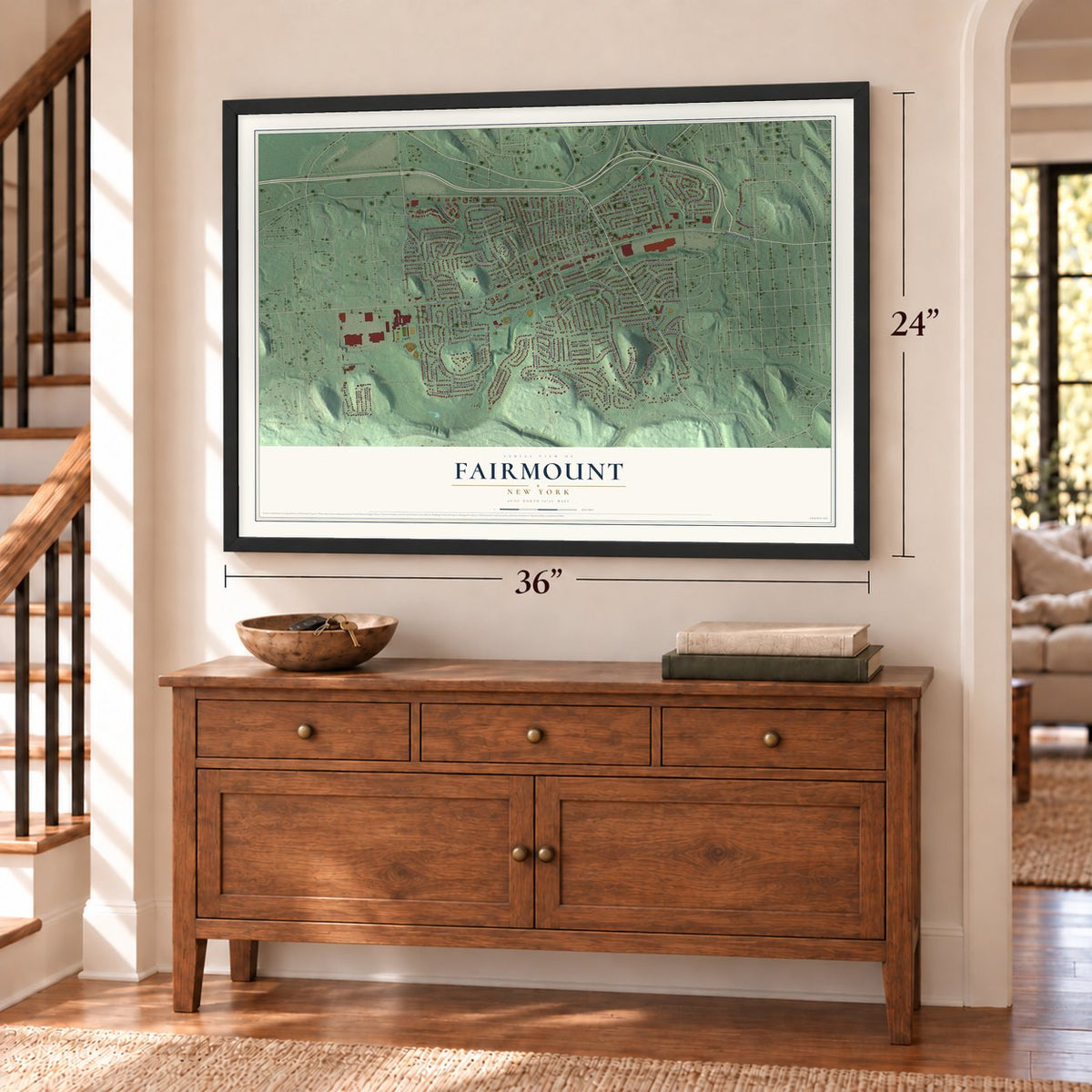 Fairmount, New York map, 24 x 36 inch print in a black frame above a dresser by a staircase