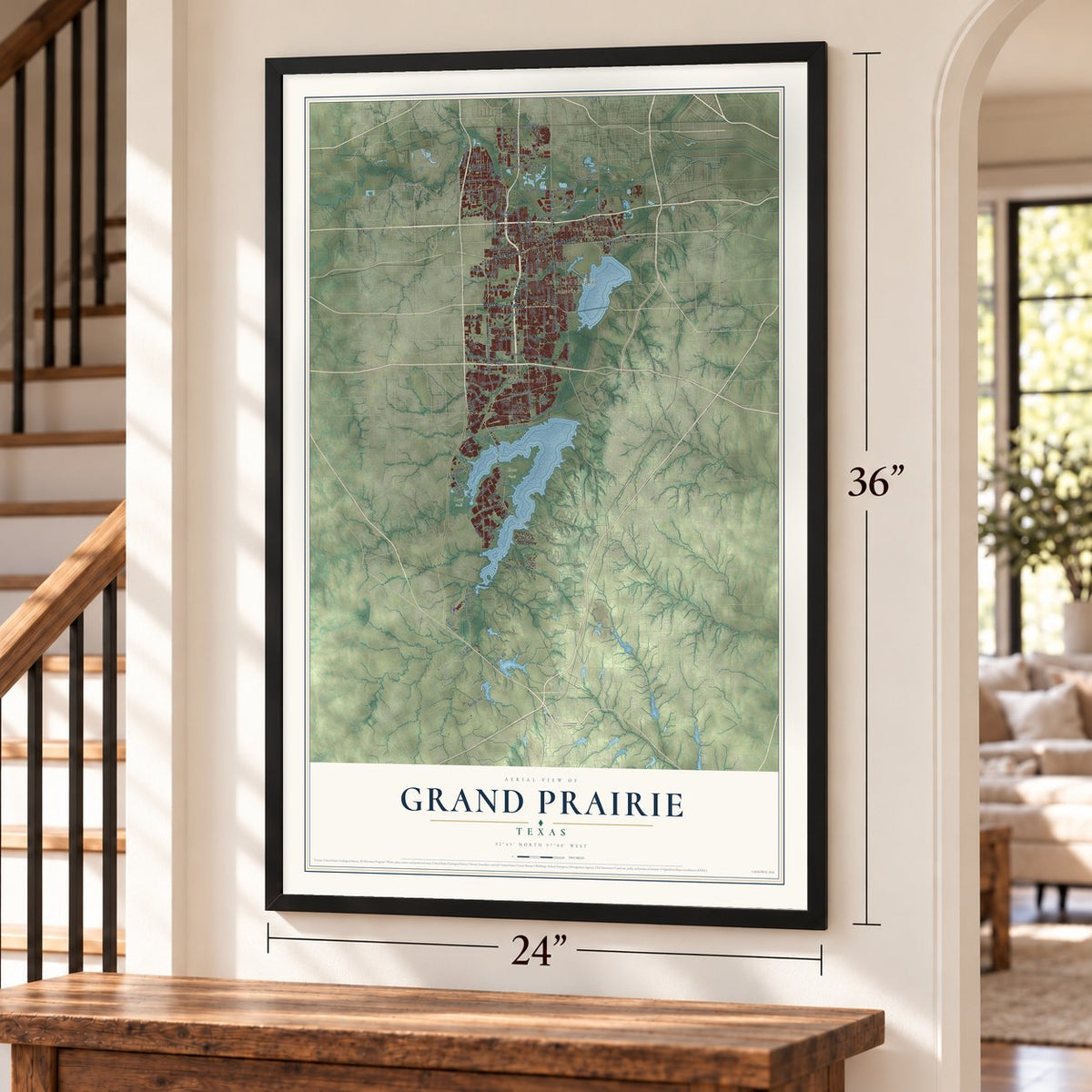 Grand Prairie, Texas map, 24 x 36 inch print in a black frame by a staircase
