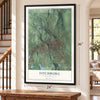Fitchburg, Massachusetts map, 24 x 36 inch print in a black frame by a staircase