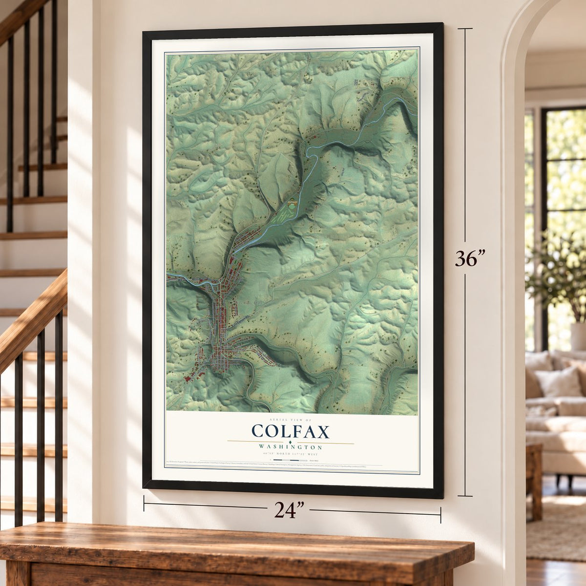 Colfax, Washington map, 24 x 36 inch print in a black frame by a staircase