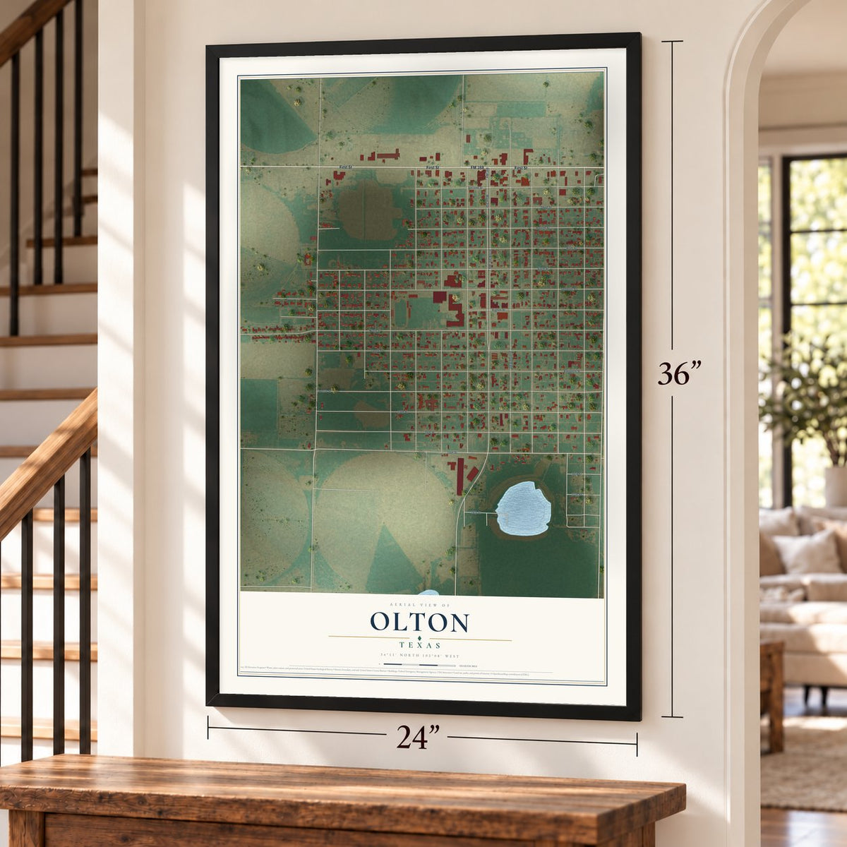 Olton, Texas map, 24 x 36 inch print in a black frame by a staircase