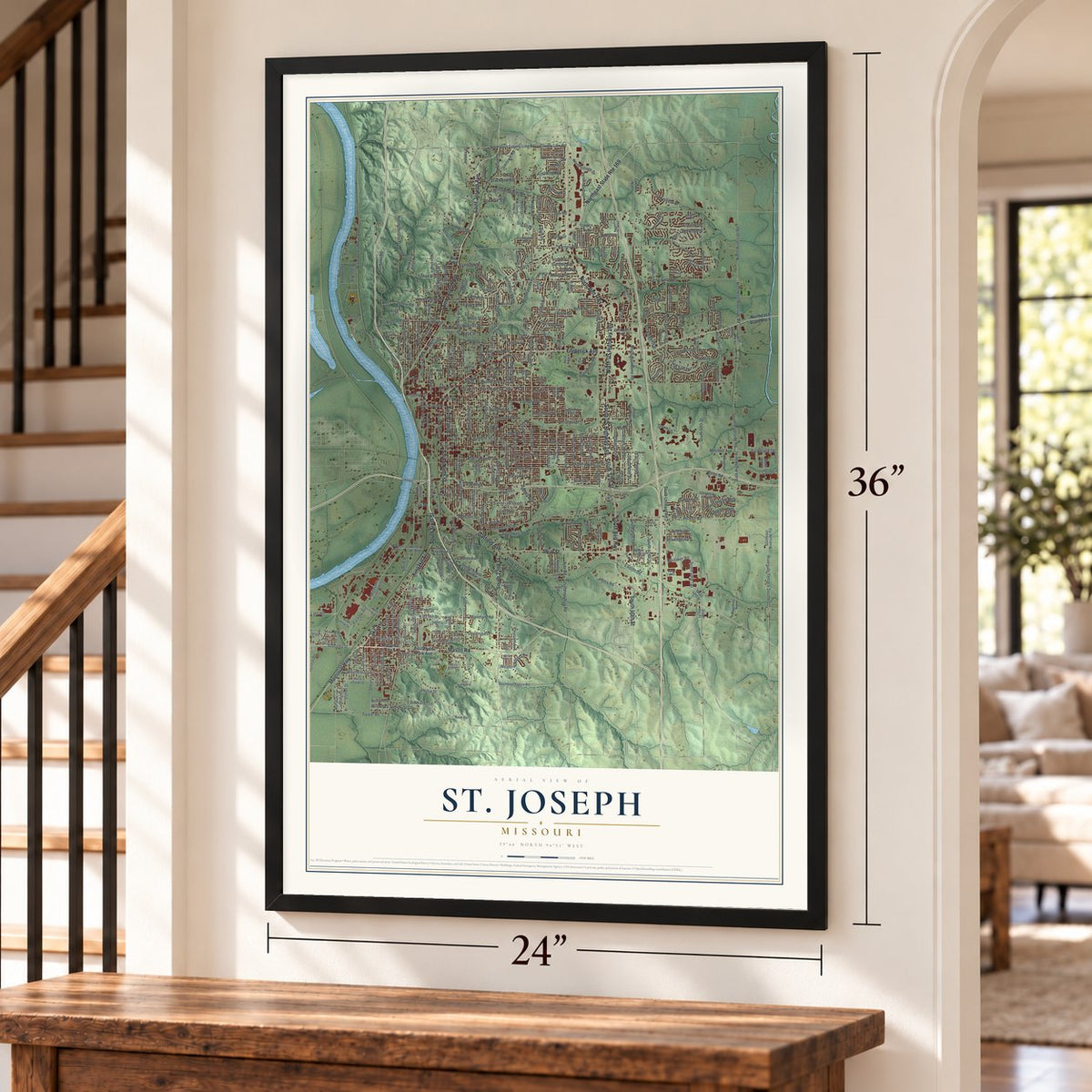 St. Joseph, Missouri map, 24 x 36 inch print in a black frame by a staircase