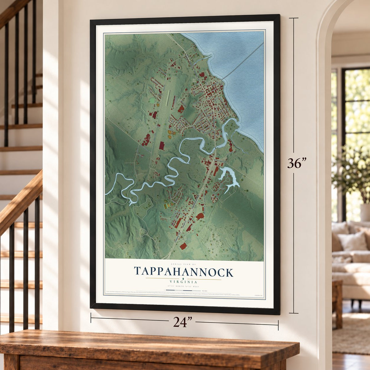 Tappahannock, Virginia map, 24 x 36 inch print in a black frame by a staircase