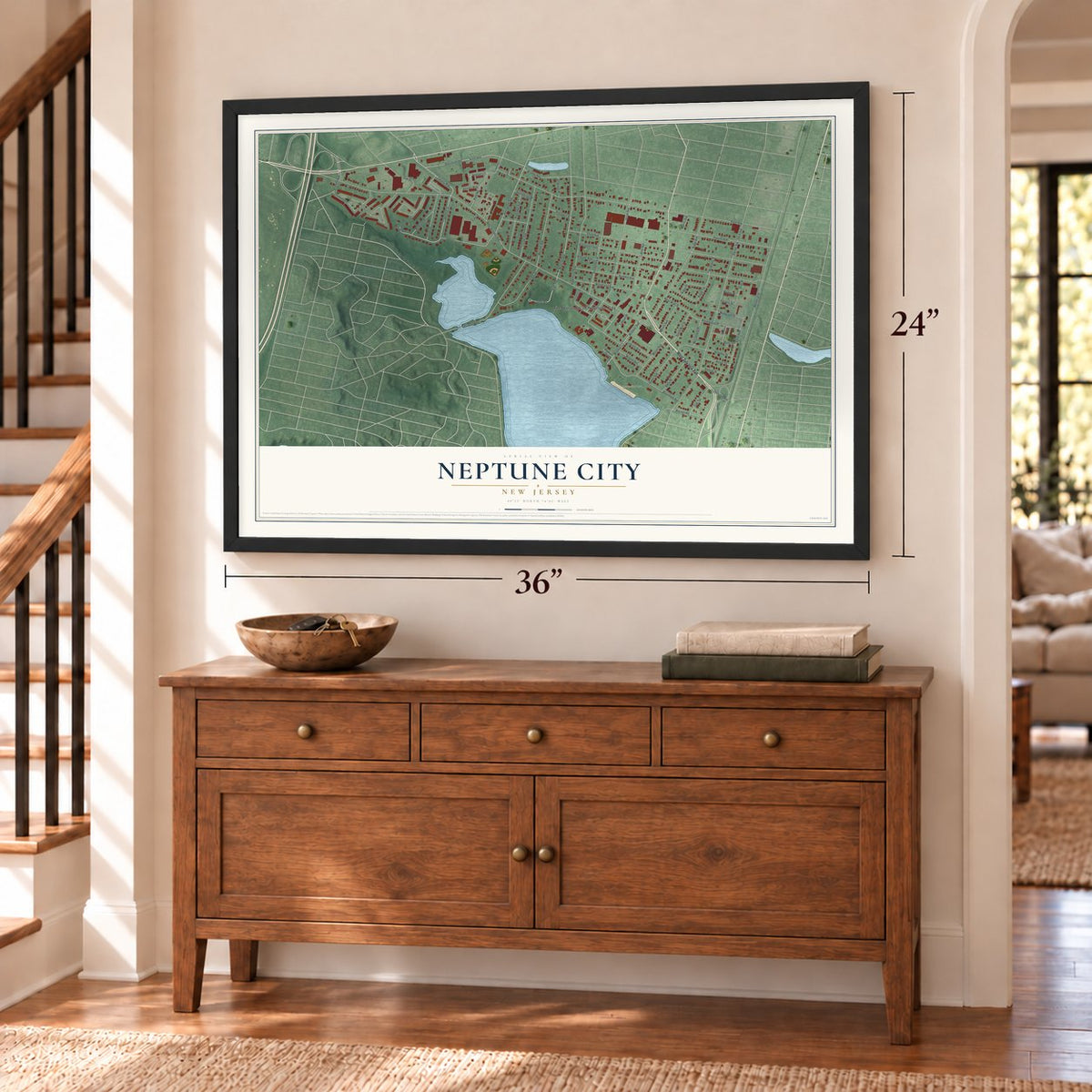 Neptune City, New Jersey map, 24 x 36 inch print in a black frame above a dresser by a staircase