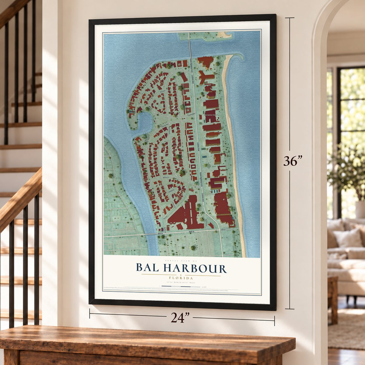 Bal Harbour, Florida map, 24 x 36 inch print in a black frame by a staircase