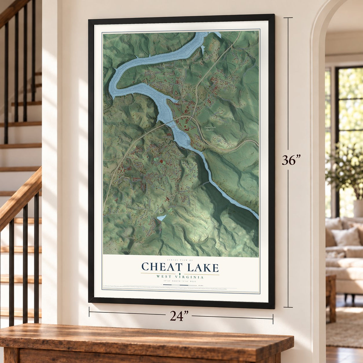 Cheat Lake, West Virginia map, 24 x 36 inch print in a black frame by a staircase